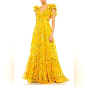 Mac Duggal YELLOW RUFFLE TIERED FLORAL CUT-OUT CHIFFON GOWN